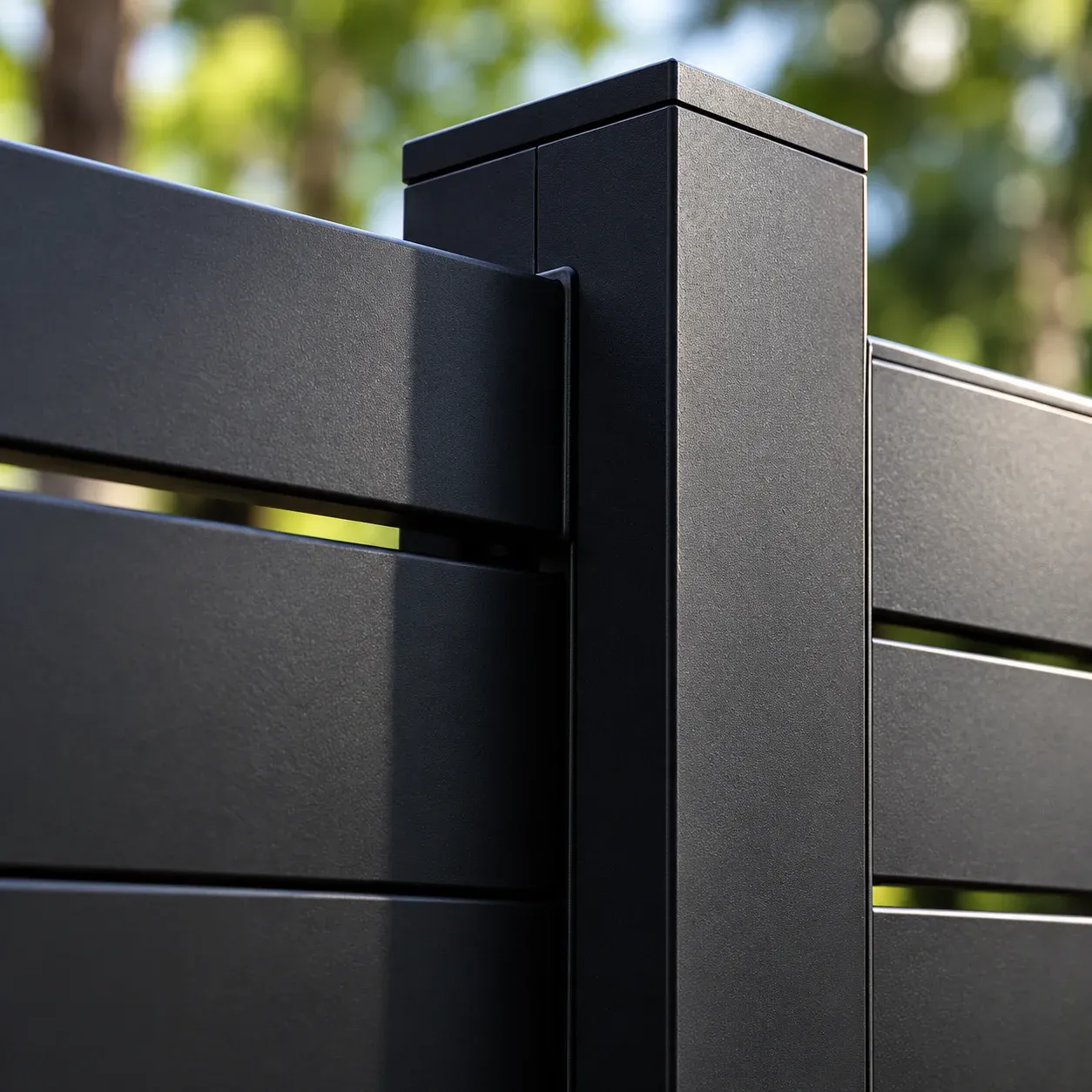 Black aluminum post with a flat cap between horizontal slat fence panels