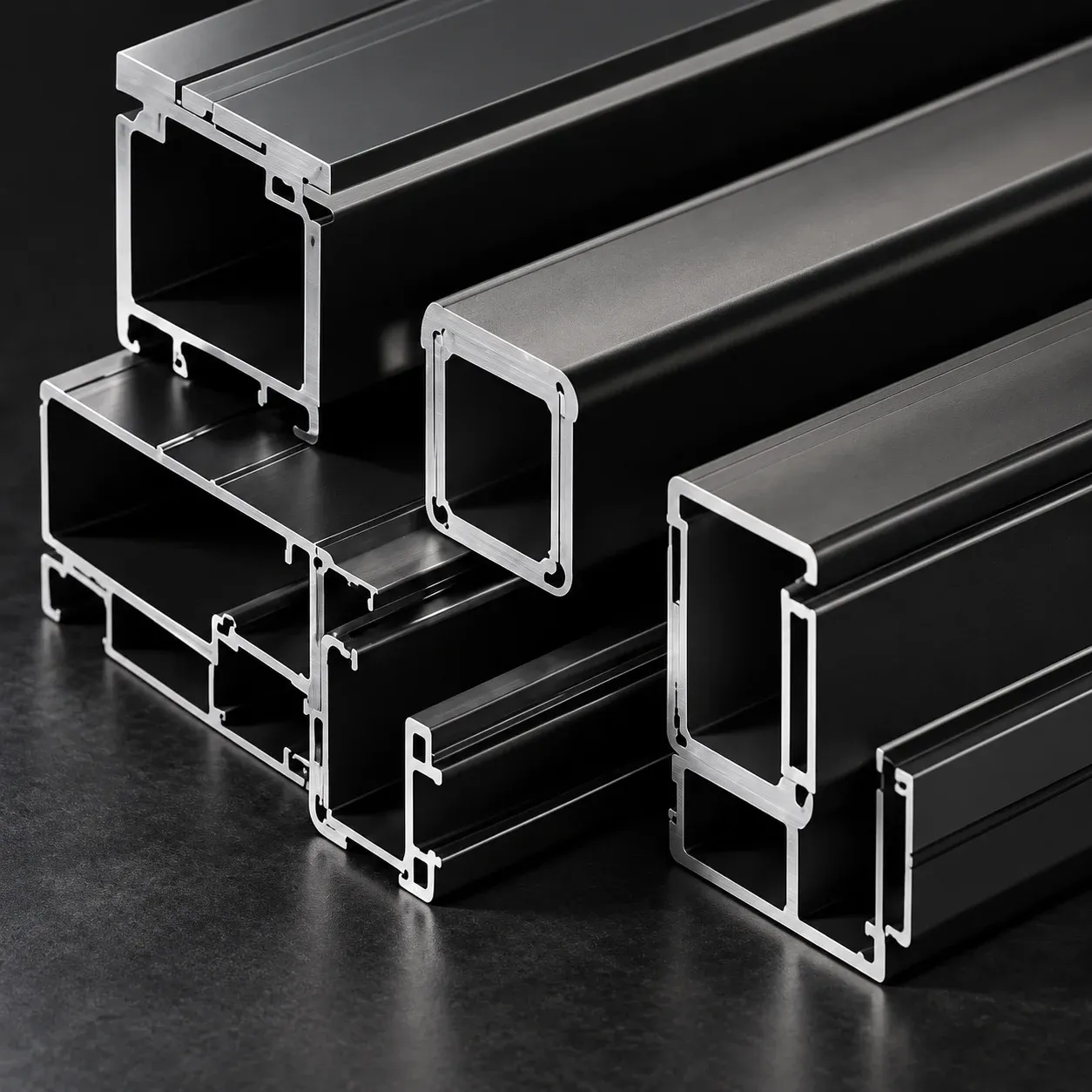 Black powder-coated aluminum fence profiles, cut to show their cross-sections
